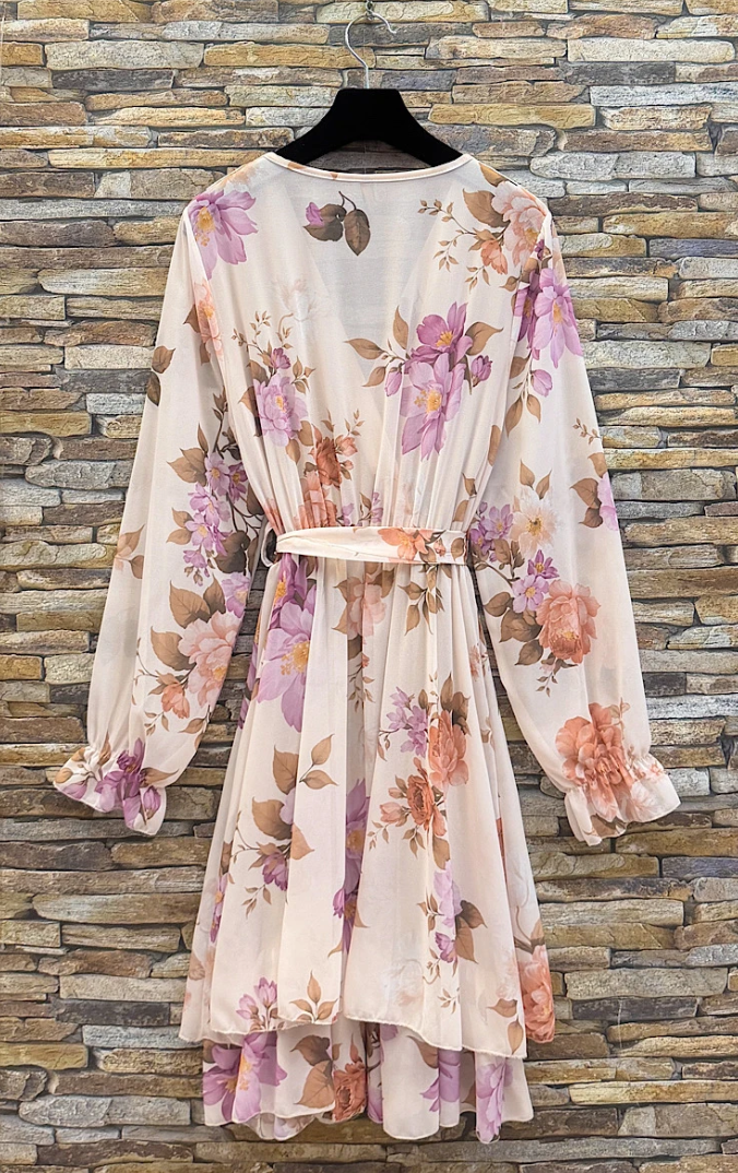 ESWMDBE Italian OS Beige Floral Wrap Mini Dress
