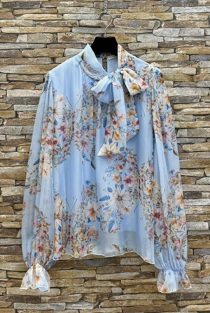 ESBFLB Italian OS Light Blue Floral Tie-Neck Blouse