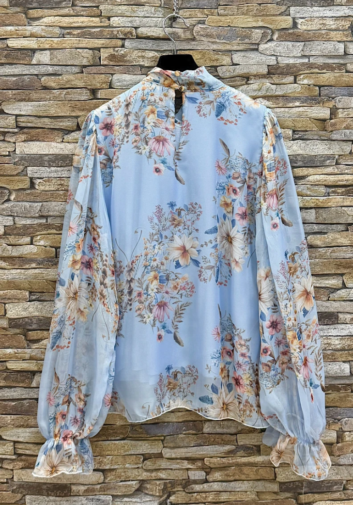 ESBFLB Italian OS Light Blue Floral Tie-Neck Blouse