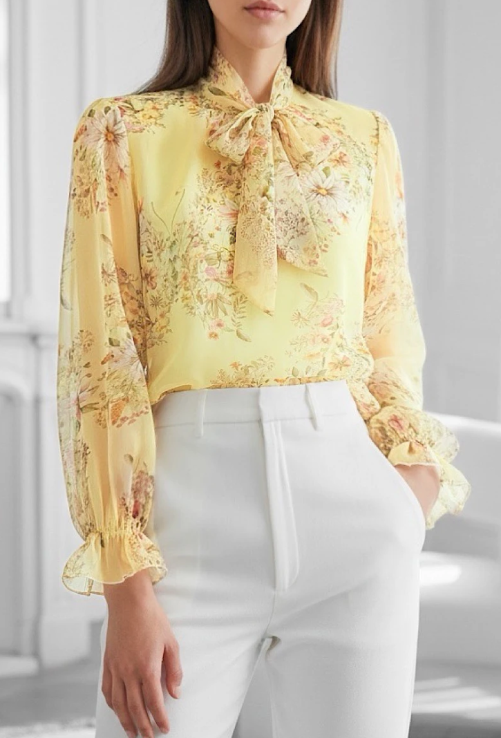 ESBFYE Italian OS Yellow Floral Tie-Neck Blouse