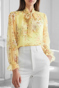 ESBFYE Italian OS Yellow Floral Tie-Neck Blouse