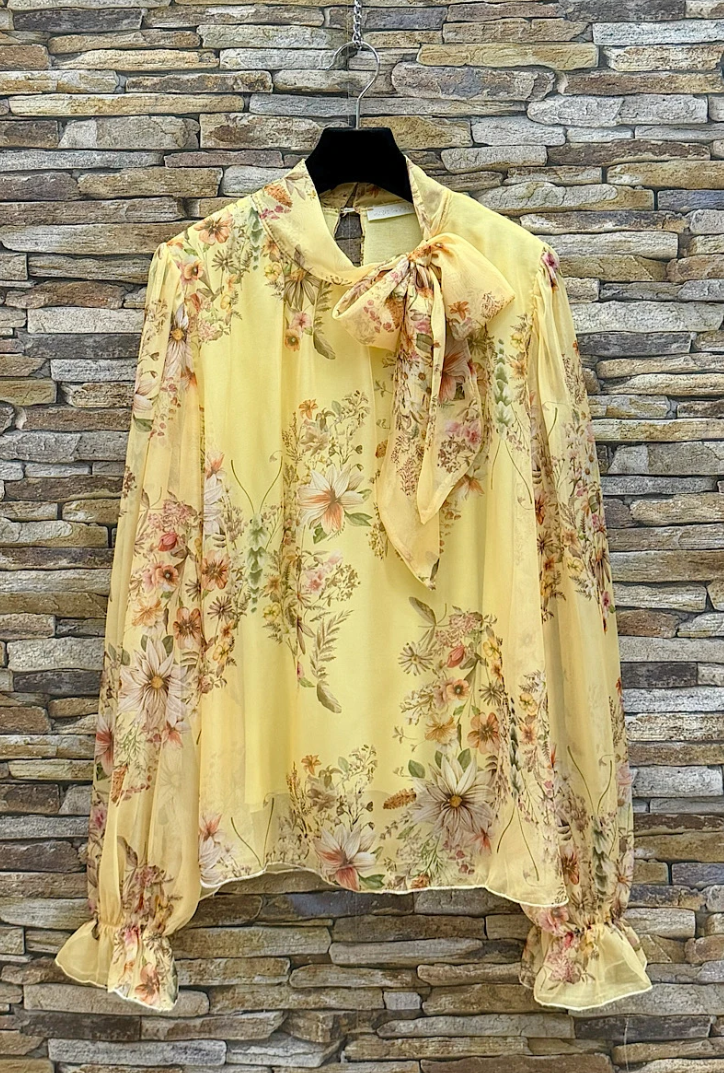 ESBFYE Italian OS Yellow Floral Tie-Neck Blouse