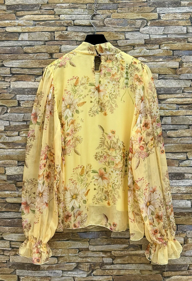 ESBFYE Italian OS Yellow Floral Tie-Neck Blouse
