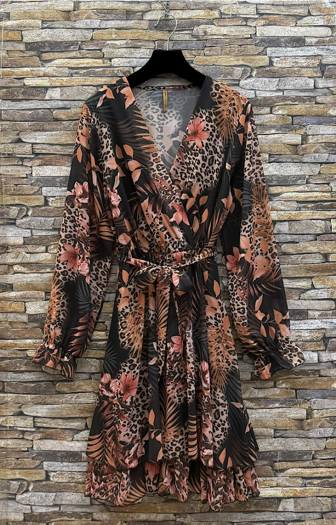 ESWMDBK Italian OS Black Leopard Floral Mini Dress