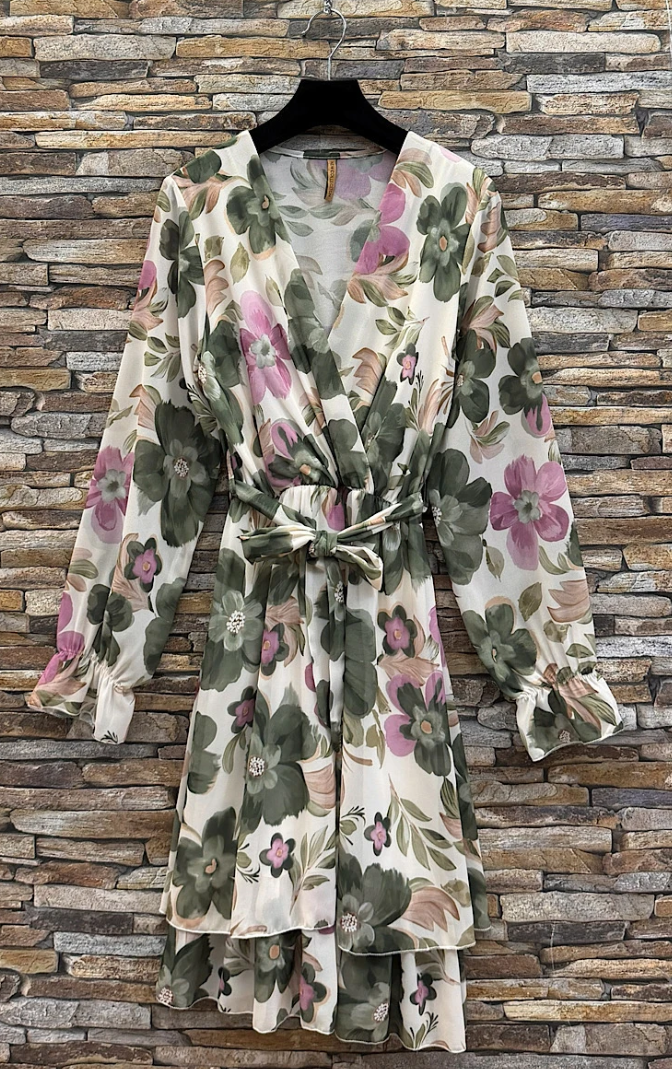 ESWMDCG Italian OS Cream & Green Floral Mini Dress