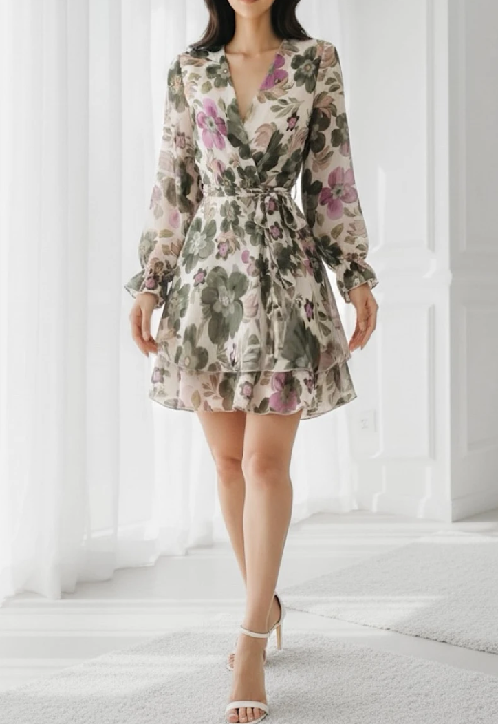 ESWMDCG Italian OS Cream & Green Floral Mini Dress