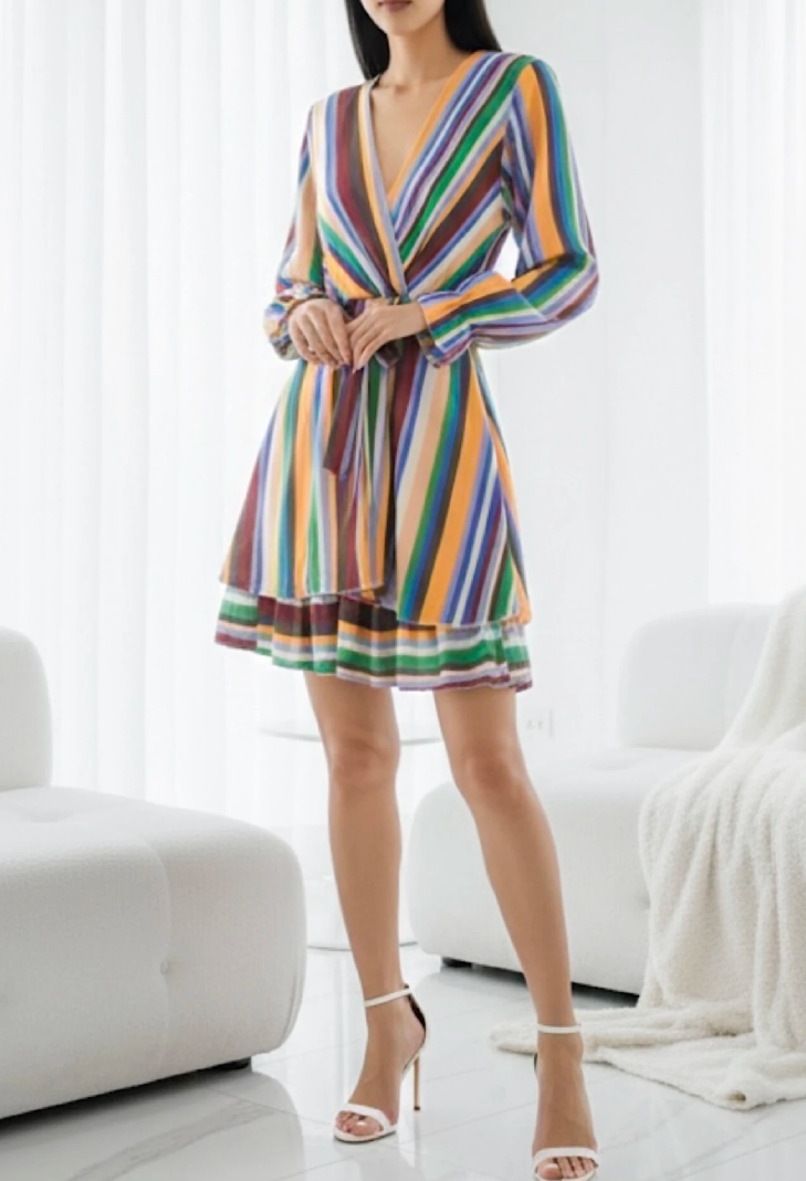 ESWMDMS Italian OS Multicolor Stripe Wrap Mini Dress
