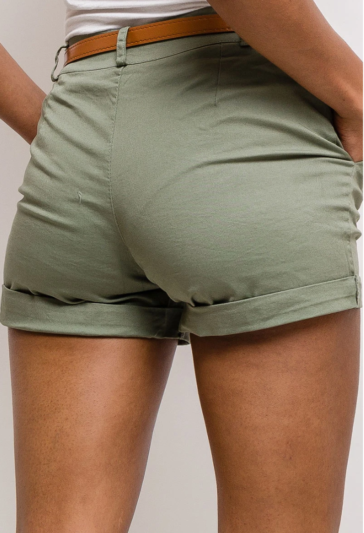 ELCBSLO Italian Light Olive Cotton Belted Shorts - Sizes S - XL