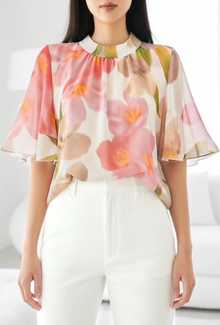 ESBSSCFMN Italian OS Cream Floral Mock Neck Blouse