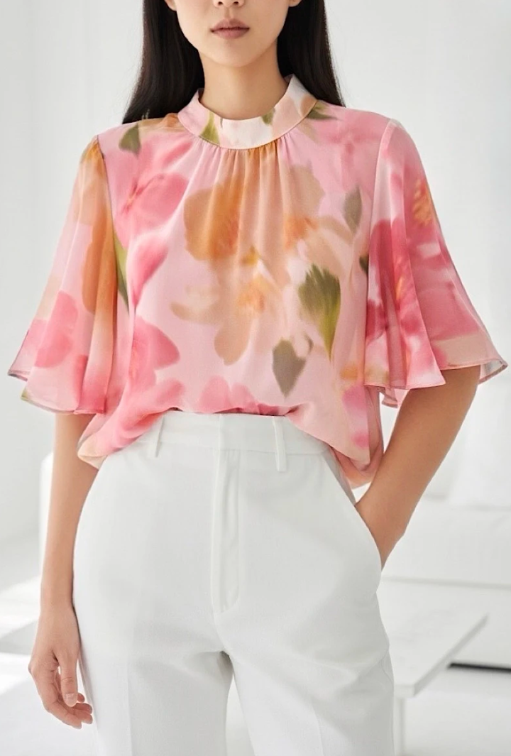 ESBSSPKFMN Italian OS Pink Floral Mock Neck Blouse