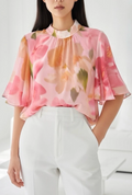 ESBSSPKFMN Italian OS Pink Floral Mock Neck Blouse