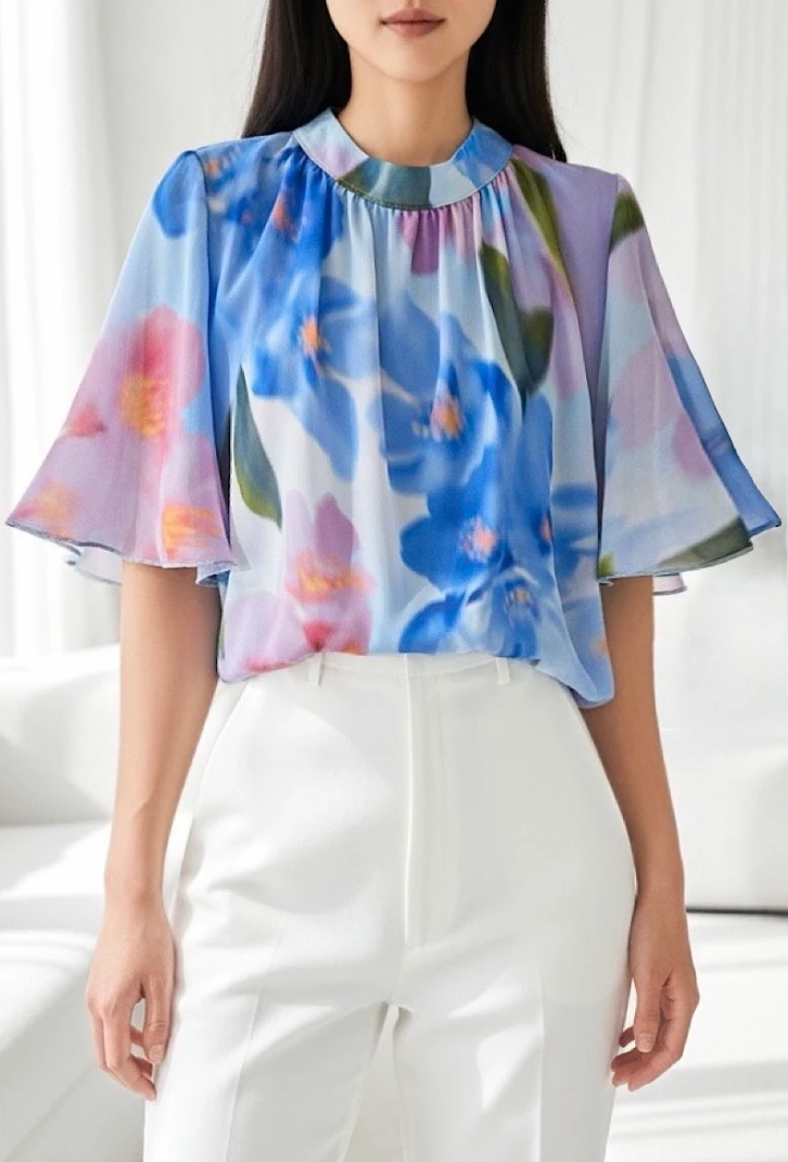 ESBSSBLFMN Italian OS Blue Floral Mock Neck Blouse