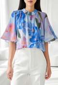 ESBSSBLFMN Italian OS Blue Floral Mock Neck Blouse