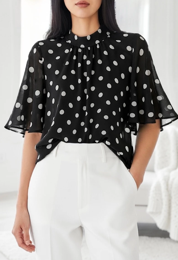 ESBSSBKWHPDB Italian OS Black White Polka Dot Blouse