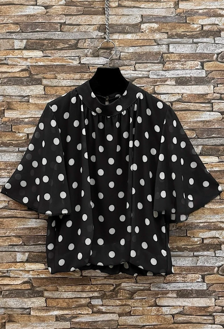 ESBSSBKWHPDB Italian OS Black White Polka Dot Blouse