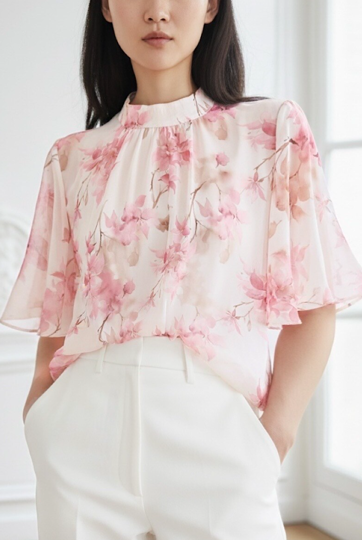 ESBSSPKBFSB Italian OS Blush Pink Floral Sheer Blouse