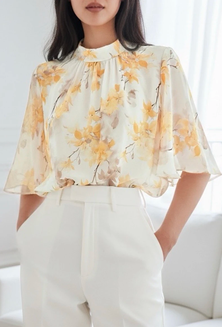 ESBSSCRYFSB Italian OS Cream Yellow Floral Sheer Blouse