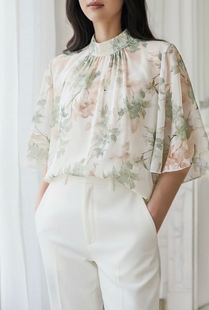 ESBSSCRGRLFB Italian OS Cream Green Leaf Floral Blouse