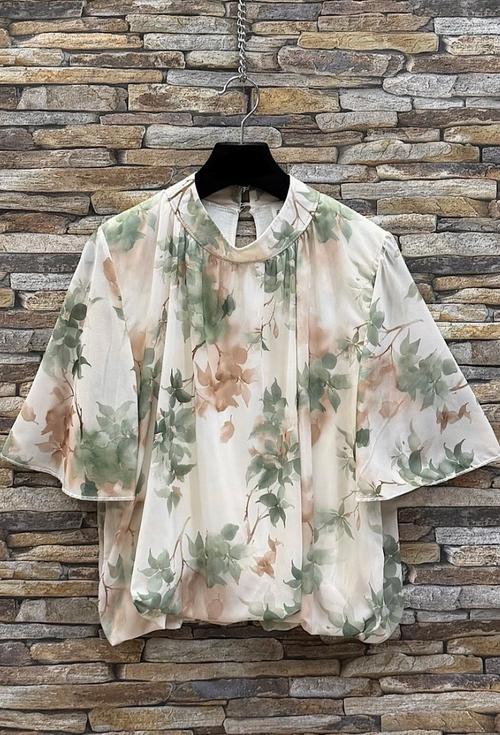 ESBSSCRGRLFB Italian OS Cream Green Leaf Floral Blouse