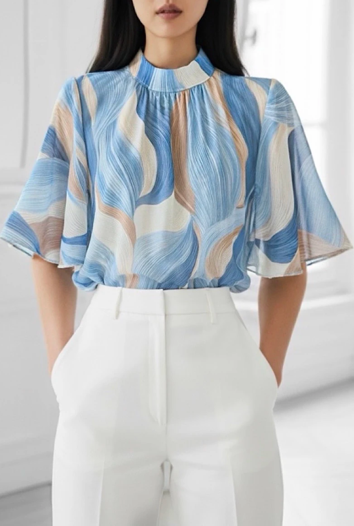 ESBSSBLIW Italian OS Blue Ivory Wave Blouse