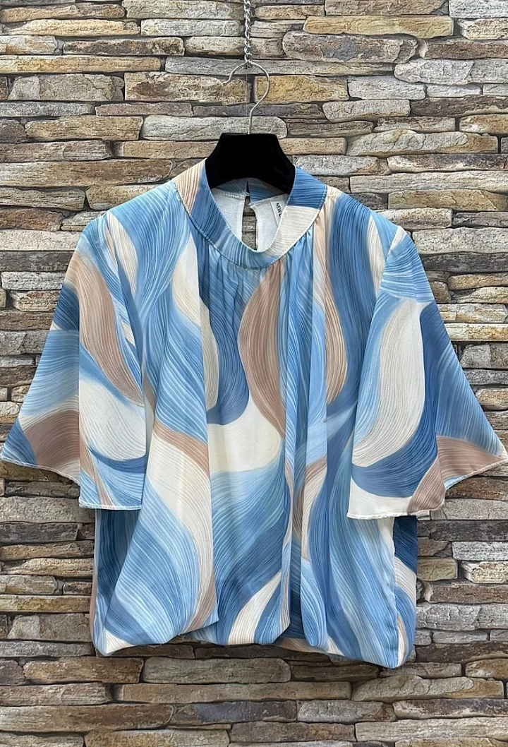 ESBSSBLIW Italian OS Blue Ivory Wave Blouse