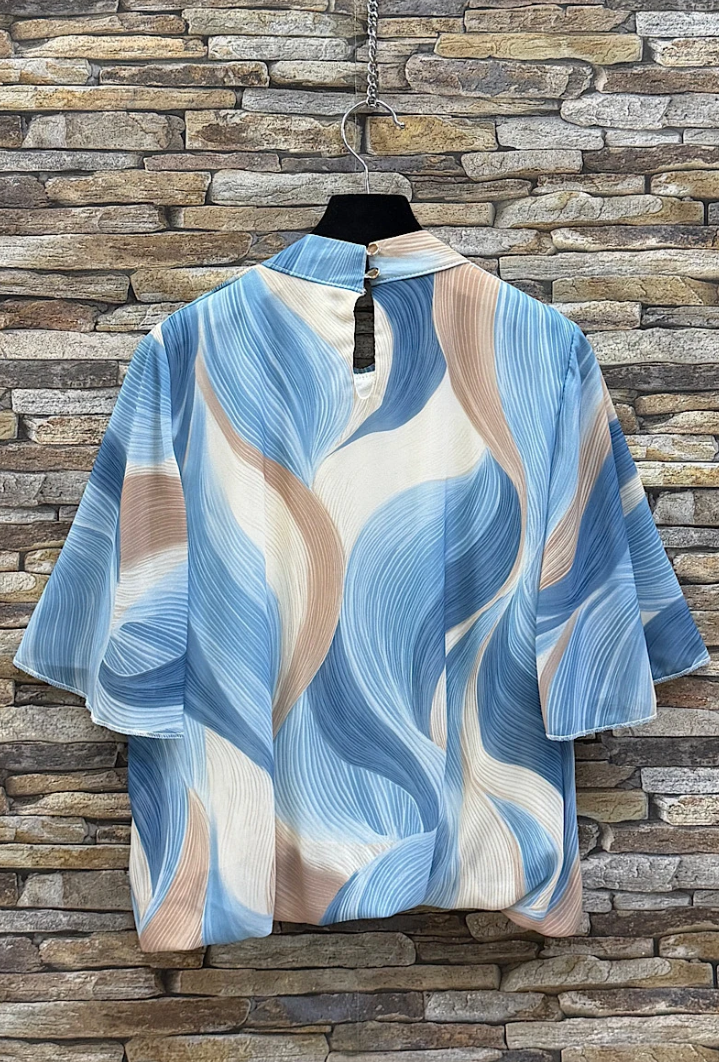 ESBSSBLIW Italian OS Blue Ivory Wave Blouse