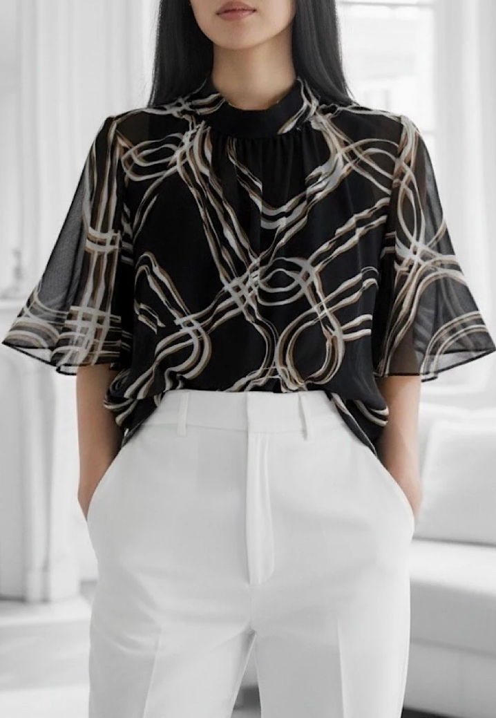 ESBSSBBALB Italian OS Black Beige Abstract Line Blouse