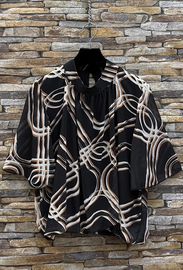 ESBSSBBALB Italian OS Black Beige Abstract Line Blouse