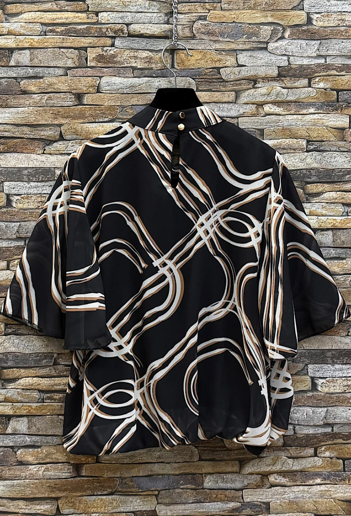 ESBSSBBALB Italian OS Black Beige Abstract Line Blouse