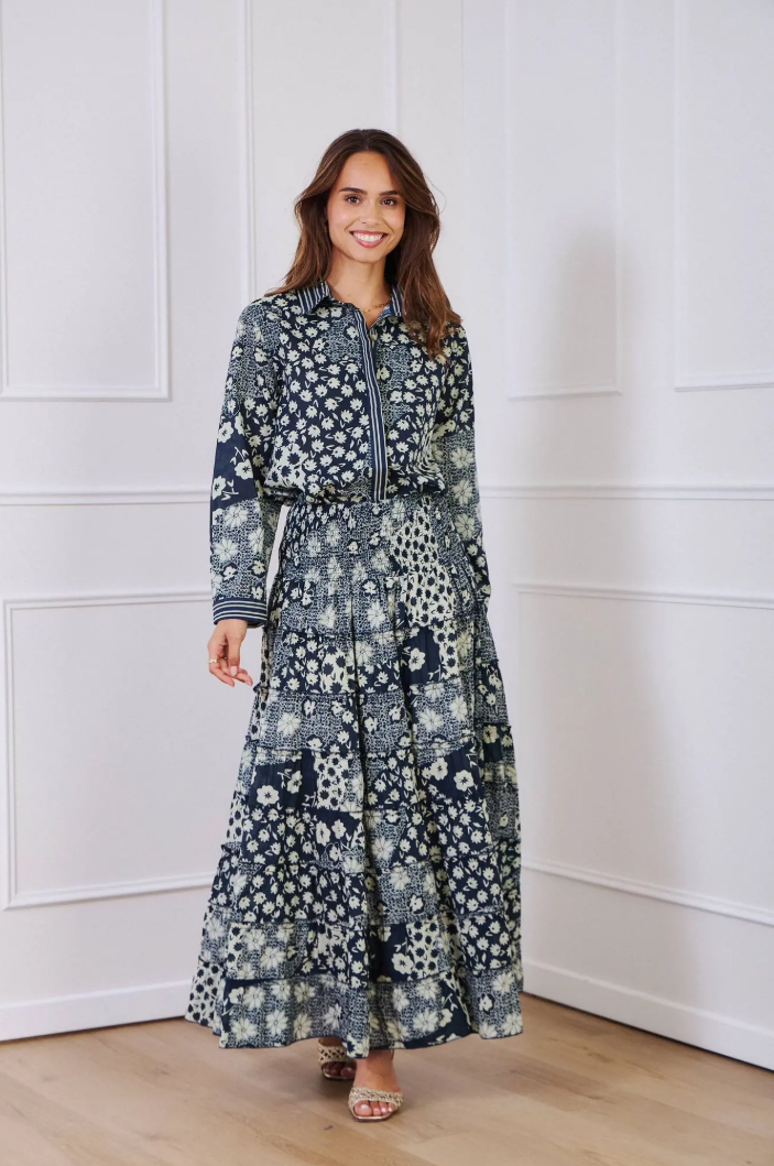 YOMDFN Indian OS Navy Patchwork Floral Maxi Dress