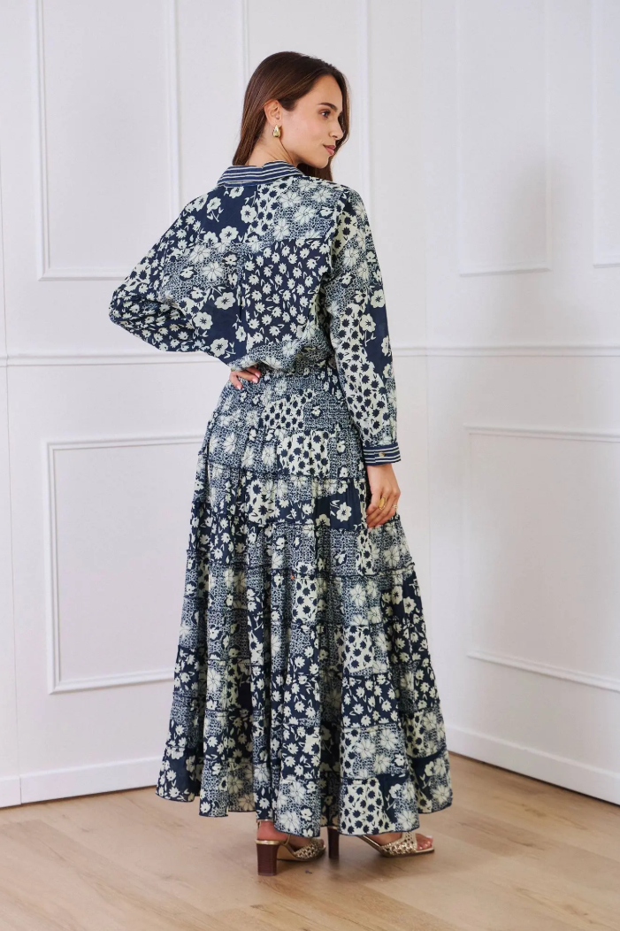 YOMDFN Indian OS Navy Patchwork Floral Maxi Dress