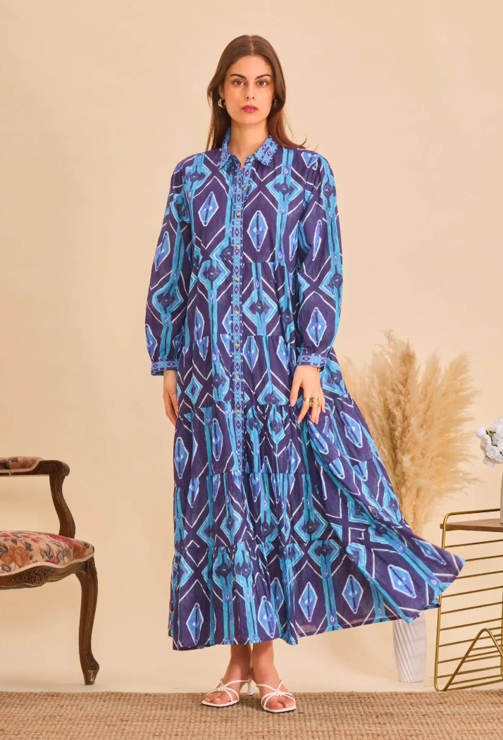 YOMDGBL Indian OS Blue Ikat Geometric Maxi Dress