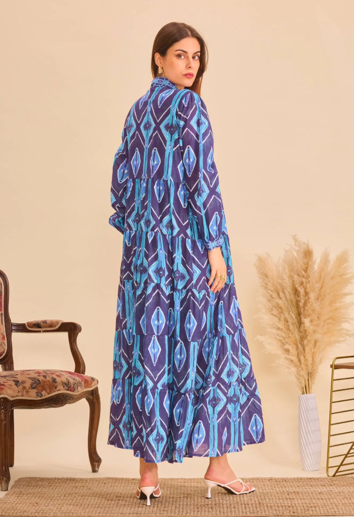 YOMDGBL Indian OS Blue Ikat Geometric Maxi Dress