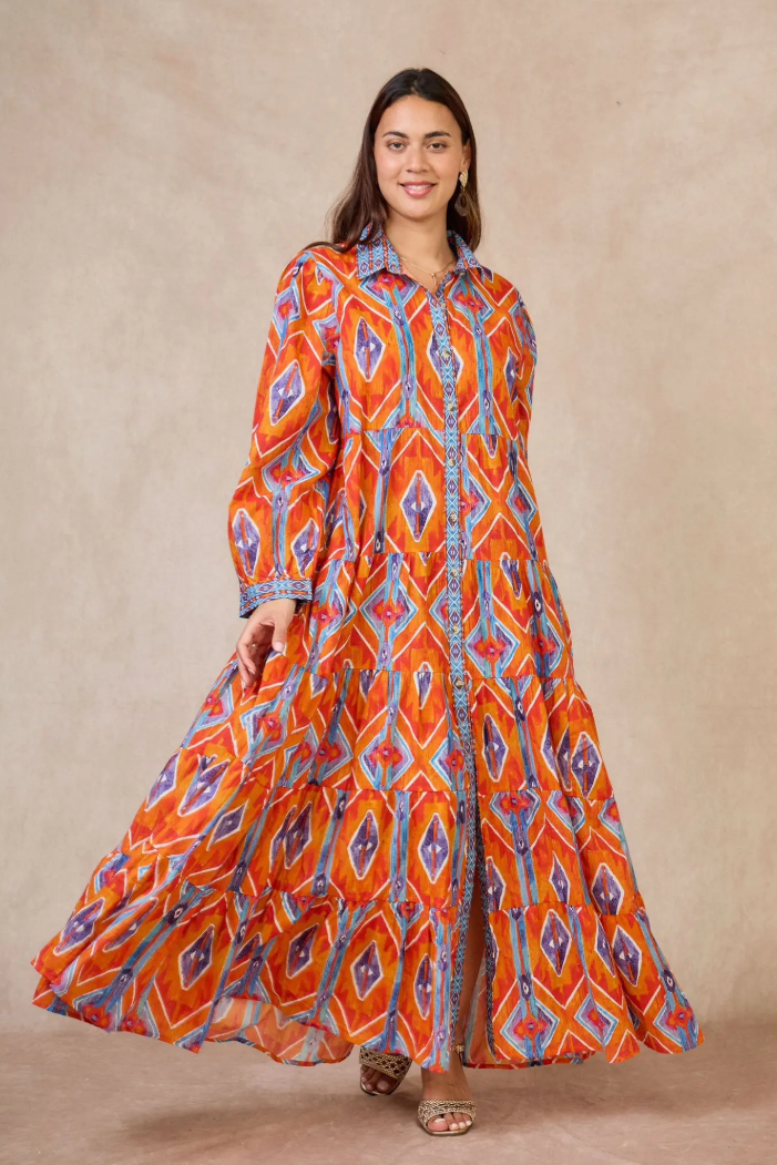 YOMDGOR Indian OS Orange Ikat Geometric Maxi Dress