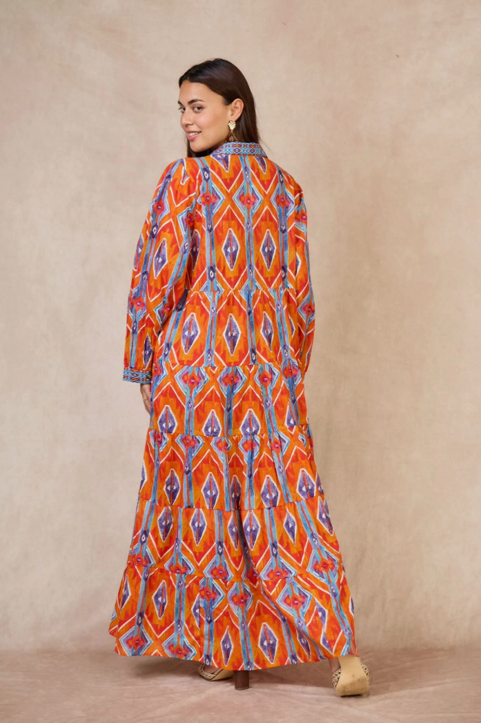 YOMDGOR Indian OS Orange Ikat Geometric Maxi Dress