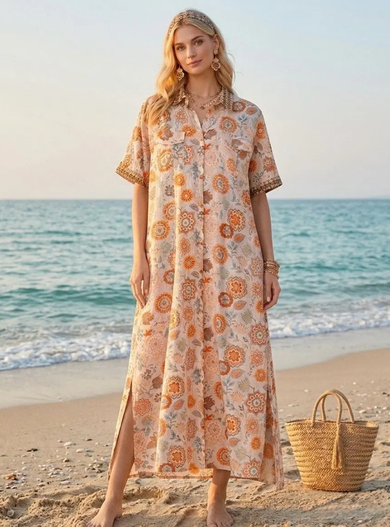 YOMDFOR Indian OS Orange Floral Maxi Shirtdress