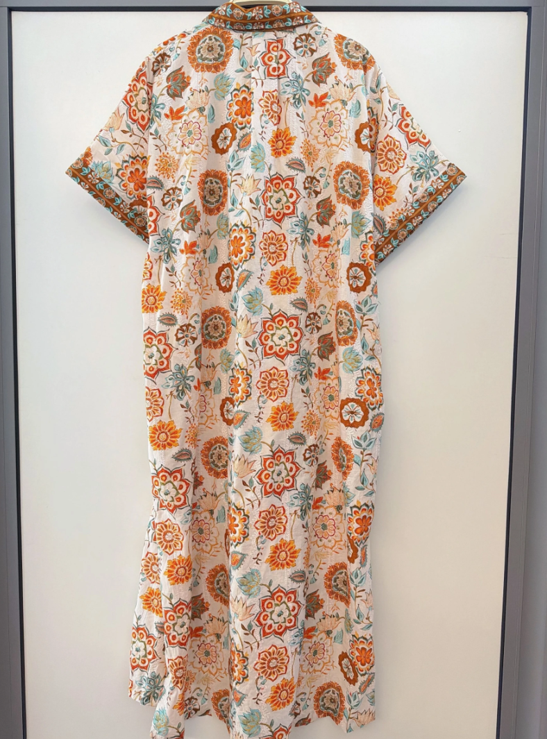 YOMDFOR Indian OS Orange Floral Maxi Shirtdress