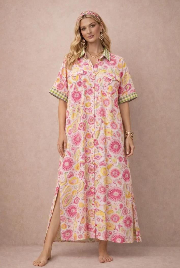 YOMDFPK Indian OS Pink Floral Maxi Shirtdress