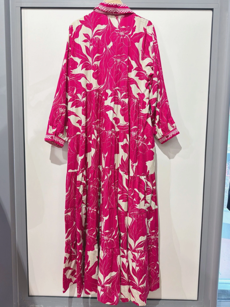 YOMDFFU Indian OS Fuchsia Floral Tiered Maxi Dress