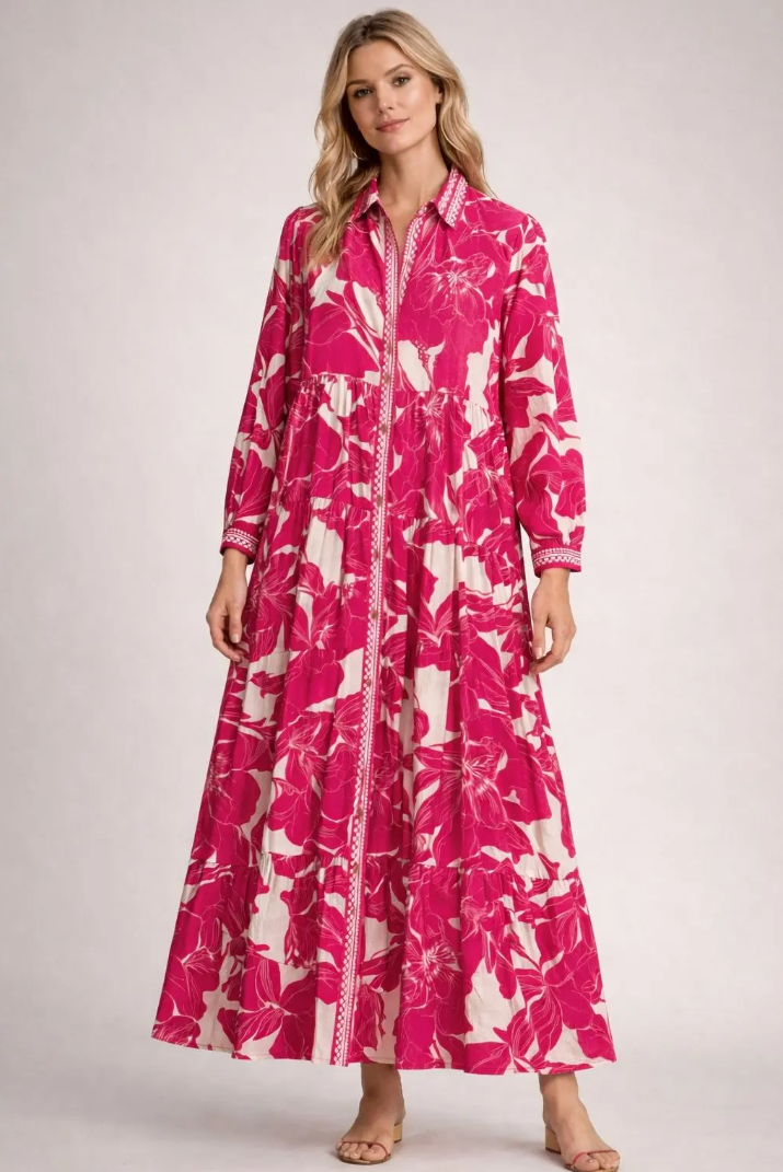 YOMDFFU Indian OS Fuchsia Floral Tiered Maxi Dress