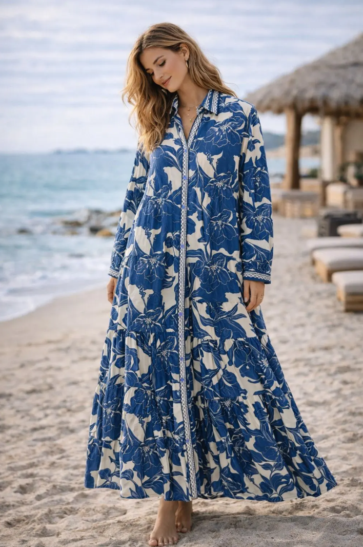 YOMDFBLT Indian OS Blue Floral Tiered Maxi Dress