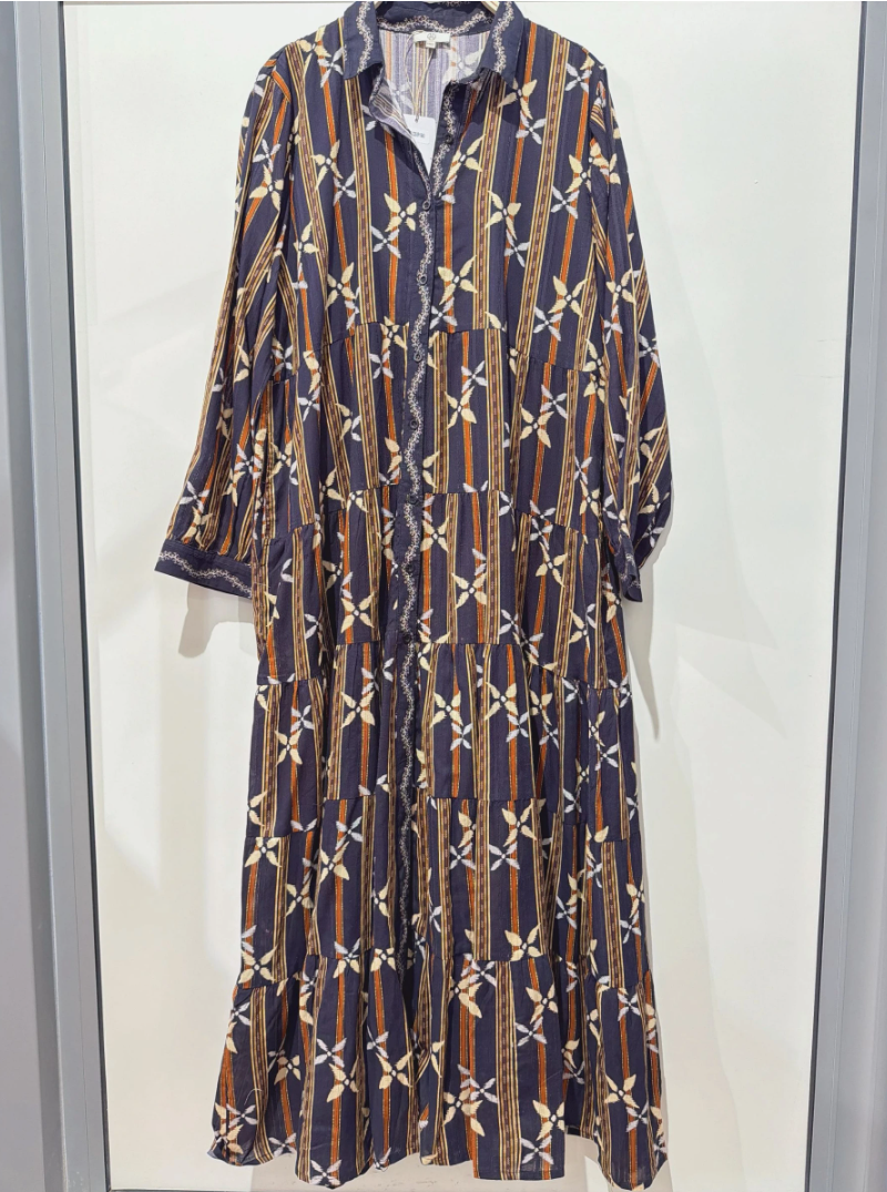 YOMDFNAST Indian OS Navy Stripe Floral Tiered Maxi