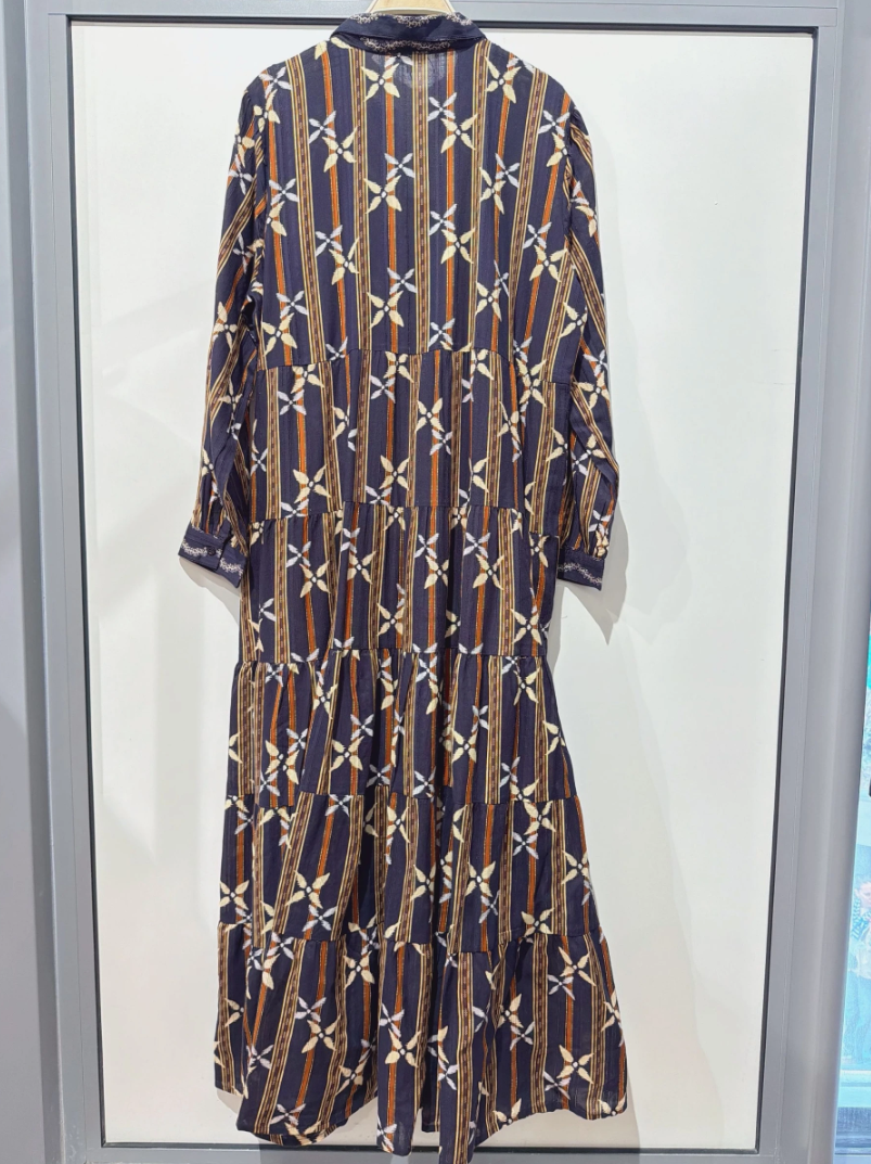 YOMDFNAST Indian OS Navy Stripe Floral Tiered Maxi