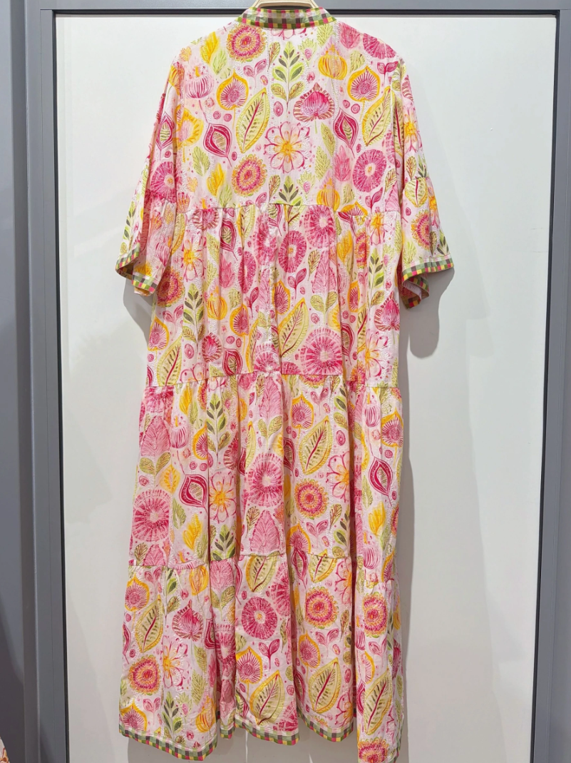 YOMDPFVN Indian OS Pink Floral V-Neck Tiered Maxi Dress