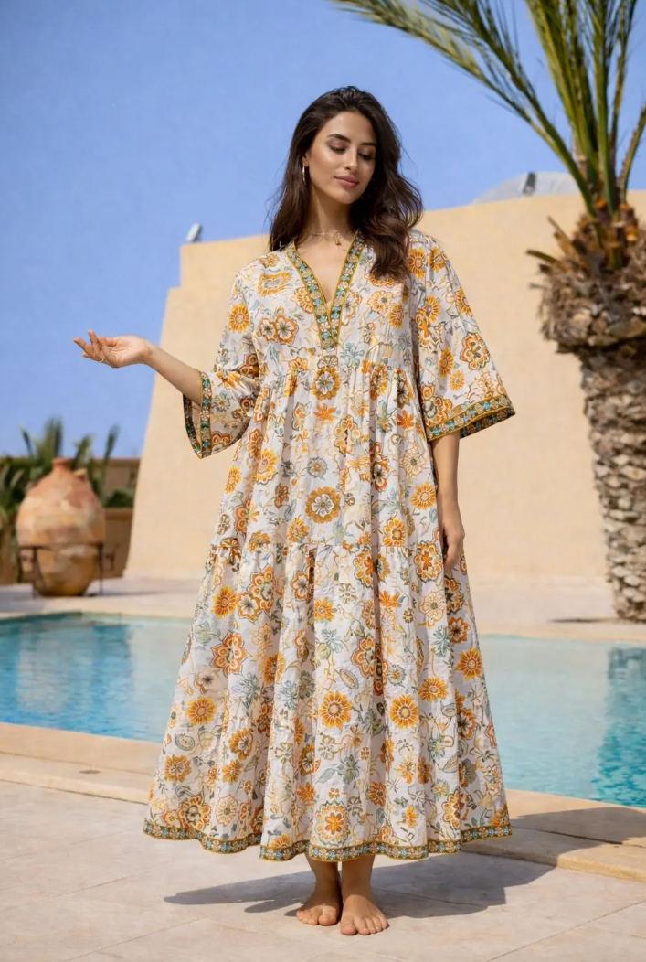 YOMDYBVN Indian OS Yellow Botanical V-Neck Maxi Dress