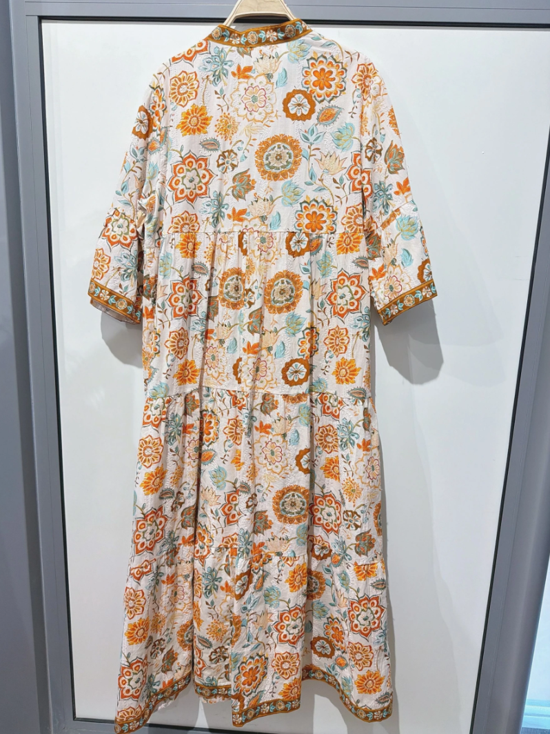 YOMDYBVN Indian OS Yellow Botanical V-Neck Maxi Dress