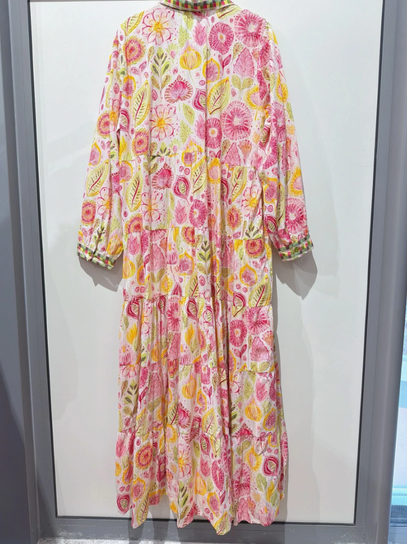 YOMDPYT Indian OS Pink Yellow Tiered Maxi Shirtdress