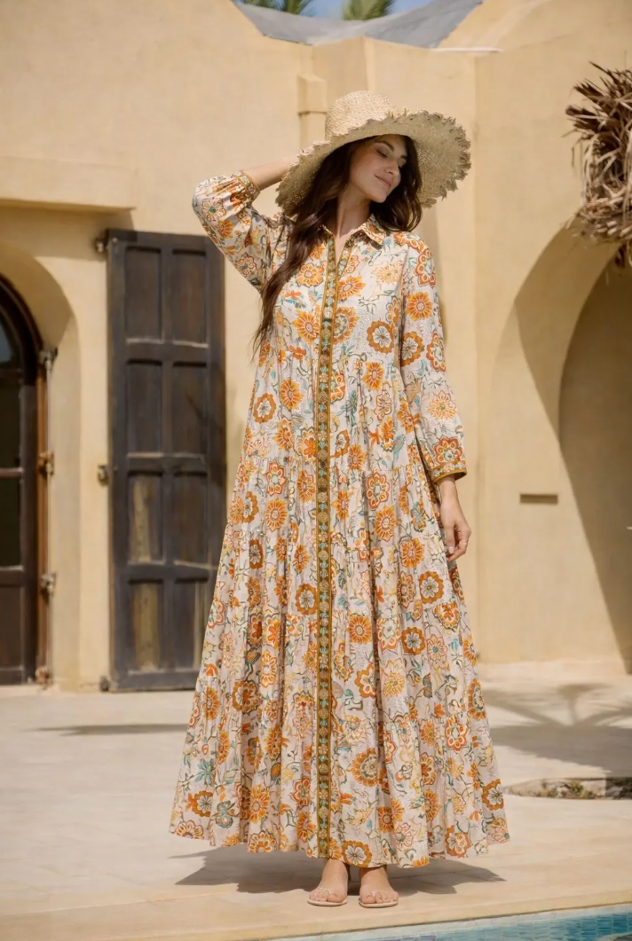 YOMDOMT Indian OS Orange Medallion Tiered Maxi Dress