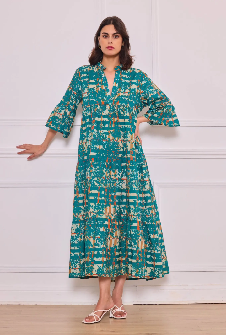YOMDTAFS Indian OS Teal Abstract Flared Sleeve Dress