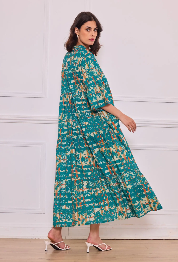 YOMDTAFS Indian OS Teal Abstract Flared Sleeve Dress